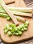 Edible rhubarb stalks.