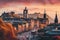 Edinburgh cityscape at sunset, Scotland, United Kingdom. HDR image, View of Edinburgh Castle, Balmoral Hotel and Princes Street