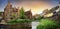 Edinburgh, Scotland - Dean village panorama with river at dramatic sunrise