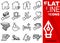 Editable stroke 70x70 pixel. Simple Set of insurance vector sixteen flat line Icons with vertical red banner - fire, flood, earthq