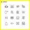 Editable Vector Line Pack of 16 Simple Outlines of repair, keyboard, time, key, card