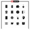 Editable Vector Line Pack of 16 Simple Solid Glyphs of wheel, joystick, beach, gaming, arcade