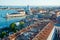 Editorial. June 2019. View of Venice, the lagoon, the Dorsoduro district and The Museo Correr from the St Mark`s Campanile is the