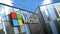 Editorial, Microsoft logo on glass building.
