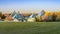 Edmonton landscape with the Muttart Conservatory glass pyramids in fall season