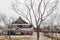 Edo period architecture style with leaves less tree in Noboribetsu Date JIdaimura Historic Village at Hokkaido, Japan