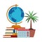 Education books, world globe calendar and plant pot