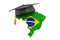Education in Brazil concept. Brazilian map with graduate cap, 3D rendering