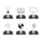 Education and business simple icon set. Symbols for knowledge, success, idea, communication. Black flat signs: light bulb, speech