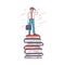 Education and career success concept - cartoon businessman standing on top of stacked book pile