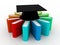 Education concept, Graduation Cap and Stack of Colorful Books on digital background. 3d render
