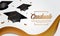 Education concept graduation party banner with cap and golden banner silk