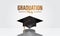 Education concept graduation party banner with realistic black cap with reflection