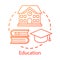 Education concept icon. Knowledge transfer. Teaching, learning skills. School building, books, graduation cap idea thin