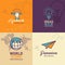 Education flat Icons, hand holding pencil icon, light bulb icon, world icon, paper plane icon