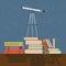 Education future concept vector flat illustration.Telescope stands on books against the background of the night sk