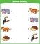 Education game for children connect the same picture of cute cartoon wild animal hippopotamus toucan tiger hedgehog