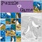 Education game: Puzzle. Three little cute penguins swim