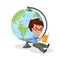 Education, geography, bilingualism concept illustration in flat cartoon design with a cute boy reading a book next to