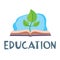 Education icon graphic. A young sprout of a tree grows from an open book