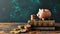 Education Investment Concept with Piggy Bank, Stacked Books, and Coins on Wooden Surface Against a Dark Teal Background with Copy