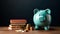 Education Investment Concept with Piggy Bank, Stacked Books, and Coins on Wooden Surface Against a Dark Teal Background with Copy