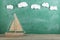 Education is a journey concept, toy boat under cotton clouds on the chalkboard background, inspiration for a fairy tale