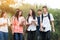 Education learning Concept: Confident Asian Students groups walking hold books, tablet notebook at Outside classroom in university