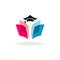 Education logo concept with graduation cap and open book pages.