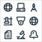 Education material line icons. linear set. quality vector line set such as push pin, microscope, file, globe, cctv camera,