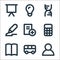 Education material line icons. linear set. quality vector line set such as user, school bus, open book, calculator, add file,