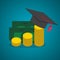 Education and money, graduation hat and coins cash concept flat vector illustration