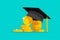 Education and money vector illustration, flat cartoon graduation hat coins cash, concept of scholarship cost or loan