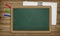 Education, notepad, pencils, blank empty blackboard