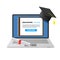 Education Online Concept. Notebook with Graduation Cap and Diploma and Education Online Text on Screen. Distant learning