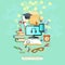 Education, online learning, student desk, vector illustration