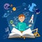 Education open book knowledge schoolboy studying astronomy