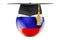 Education in Russia concept. Russian flag with graduation cap, 3D rendering