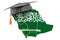 Education in Saudi Arabia concept. Saudi Arabian map with graduate cap, 3D rendering