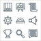 education and school line icons. linear set. quality vector line set such as chat, search, trophy, speaker, scale, cogwheel, page