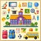 Education. School. University. Vector flat icon set and illustrations