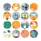 Education and science flat circle icons set. Subjects and scientific disciplines.