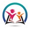 Education success international globe world school collage logo. graduate hat active people child book university icon