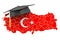 Education in Turkey concept. Turkish map with graduate cap, 3D rendering