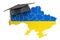 Education in Ukraine concept. Ukrainian map with graduate cap, 3D rendering