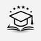 Education vector logo. Open book, dictionary, textbook or notebook with graduation hat icon. Modern emblem idea, concept