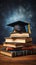 Educational achievement graduation cap on a stack of books