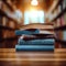 Educational ambiance Book stack in library, table, and learning