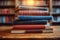 Educational ambiance Book stack in library, table, and learning