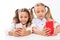 Educational application. Online life concept. Schoolgirls cute pupils use smartphones big diagonal screen check social
